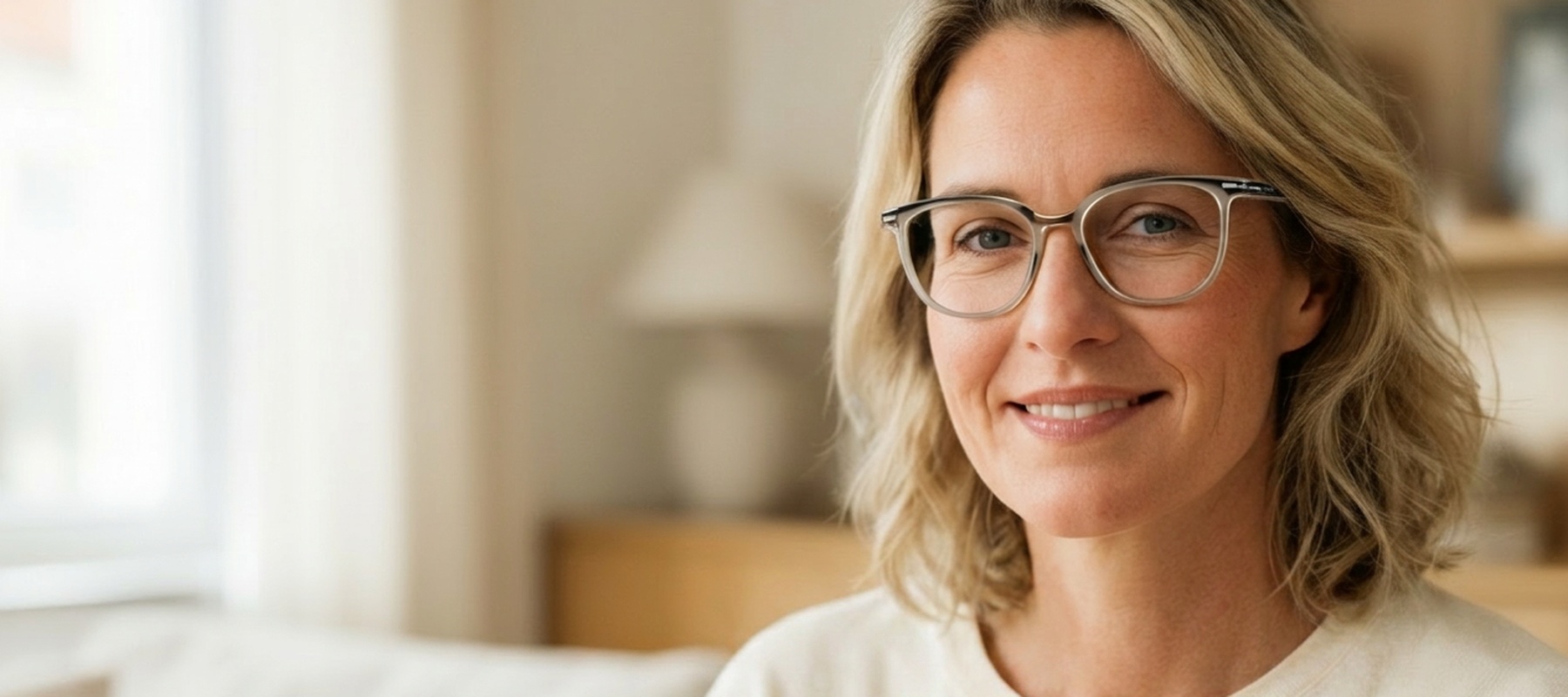Frau mit Einstärkenbrille in heller Alltagssituation