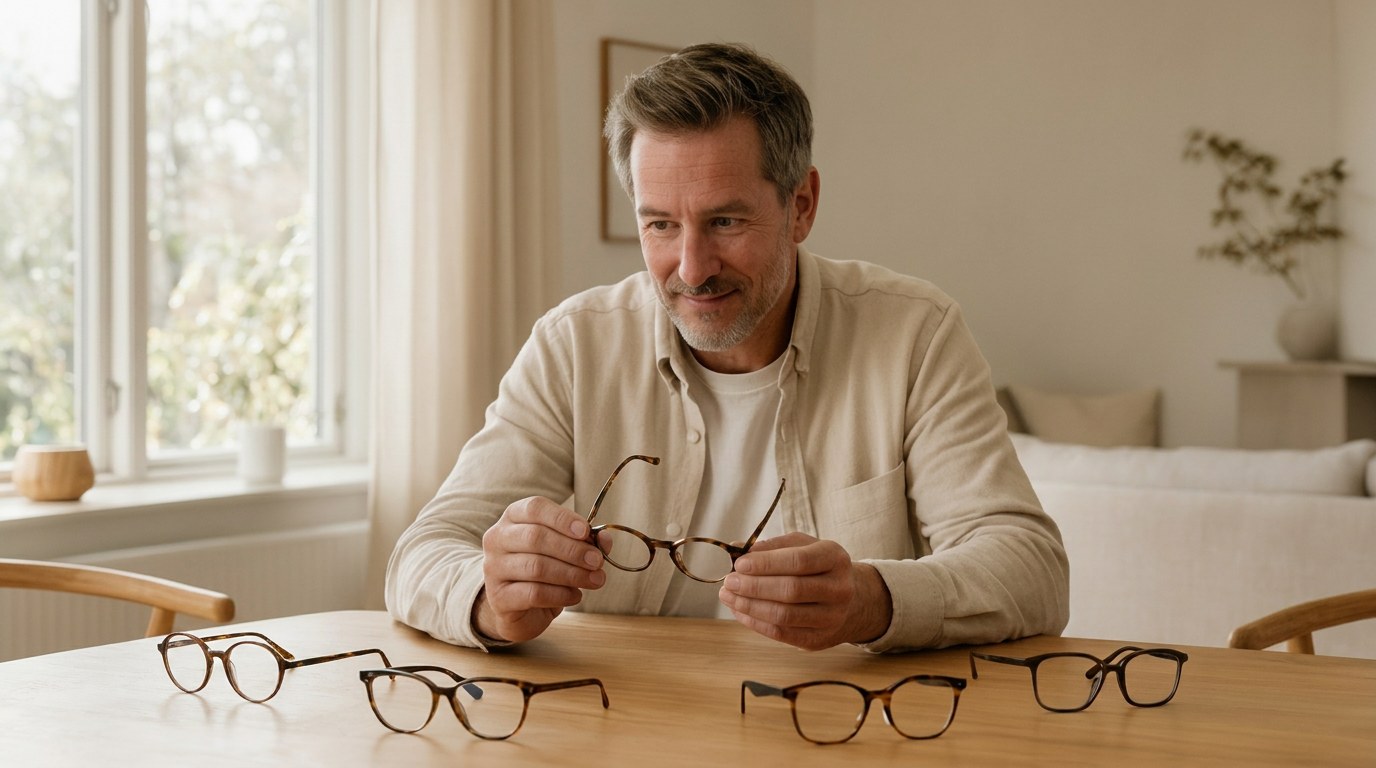 Mann vergleicht verschiedene Brillenformen