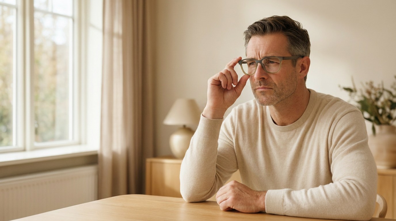 Mann prüft, ob eine Brille zu seinem Gesicht passt