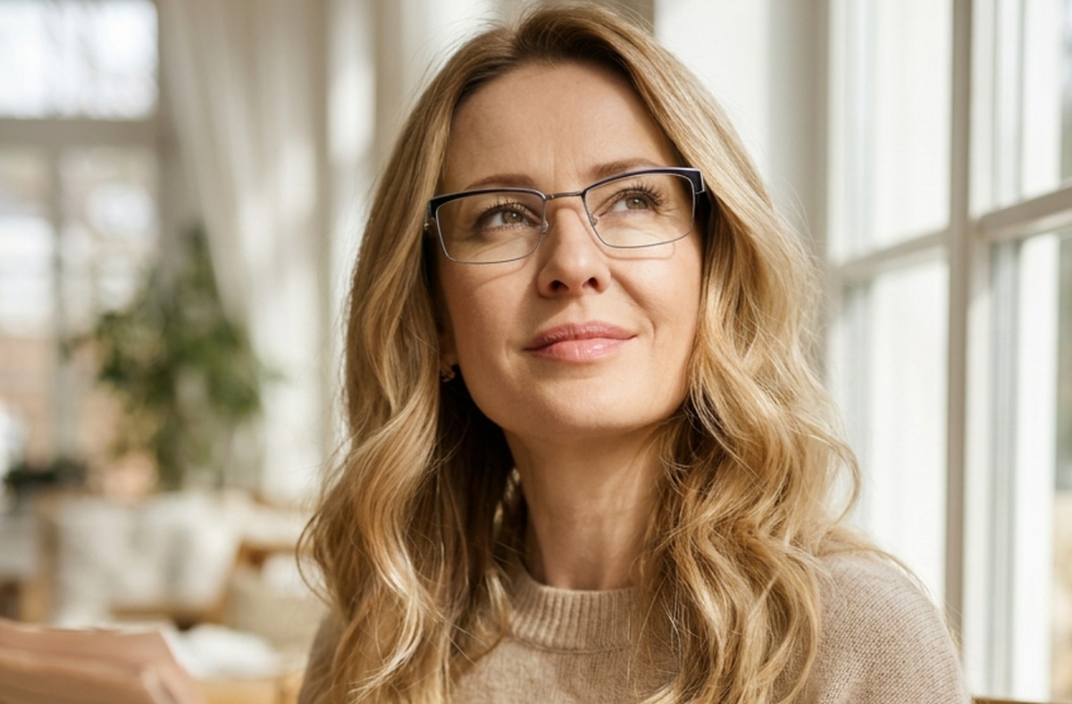 Frau mit Gleitsichtbrille liest Zeitung und blickt in die Ferne
